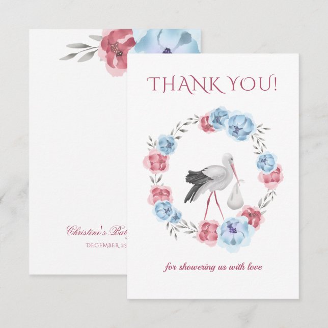 Blue & Blush Pink Watercolor Thank You Card (Front/Back)