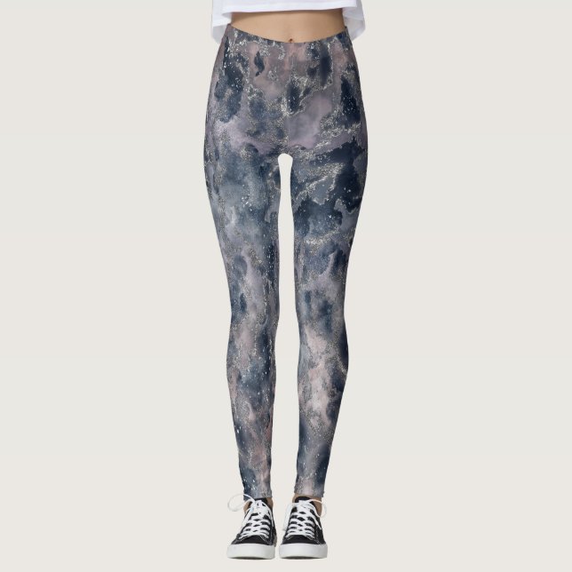 Blue & Blush Rose Pink Abstract Watercolor Stain Leggings (Front)