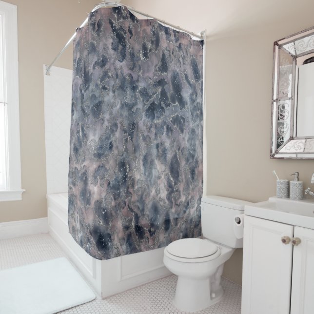 Blue & Blush Rose Pink Abstract Watercolor Stain Shower Curtain (In Situ)