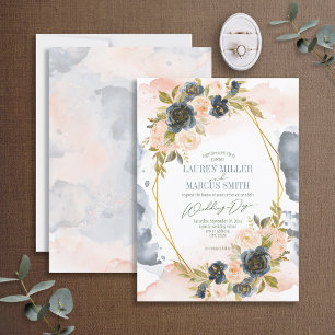 Blue & Blush Watercolor Floral Gold Geometric Invitation