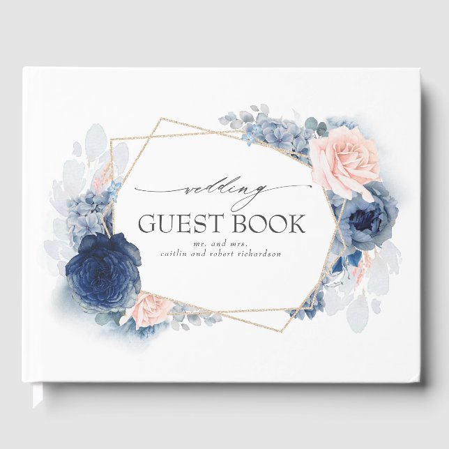 Blue Blush Watercolor Flowers Elegant Wedding Guest Book (Front)