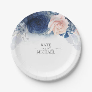 Blue Blush Watercolor Flowers Elegant Wedding Paper Plate