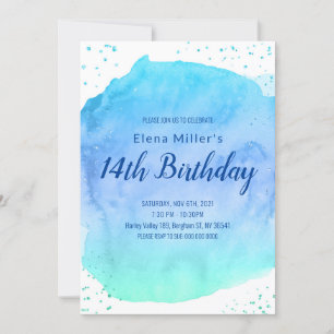 Blue blush watercolor stroke gold glitter invitation