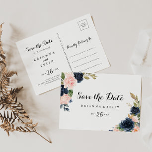 Blue Blush Winter Floral Horizontal Save the Date Postcard