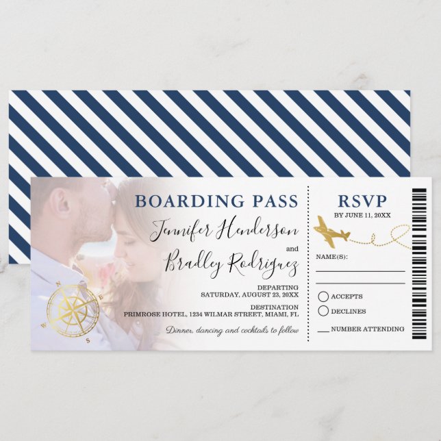 Blue Boarding Pass | Destination Wedding Photo Invitation (Front/Back)