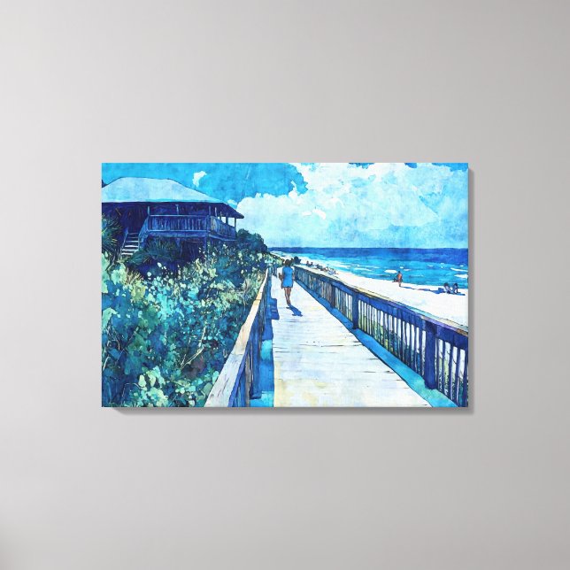 Blue Boardwalk Stroll Beach Watercolor Canvas  (Front)