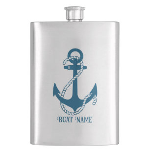 Blue boat anchor custom text hip flask