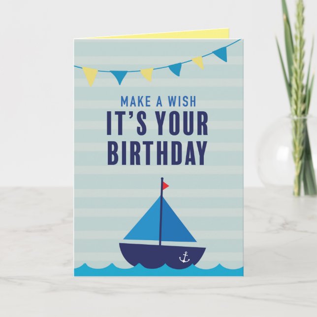 Blue Boat Birthday Greeting Card (Front)
