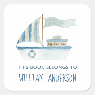 Blue Boat Nautical Boys Personalised School   Square Sticker