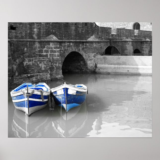 Blue boats B & W harbour Poster (Front)