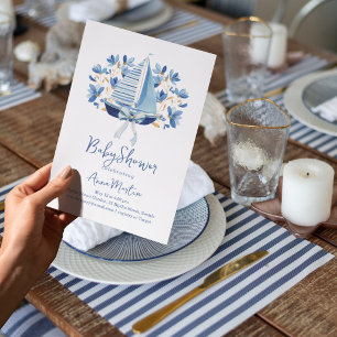 Blue Boats & Bows Baby Shower Invitation