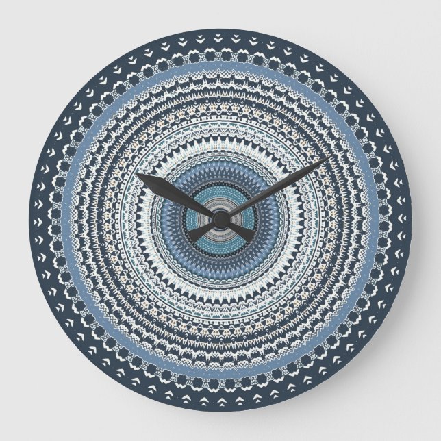 Blue Bohemian Boho Mandala  Large Clock (Front)