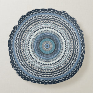 Blue Bohemian Boho Mandala   Round Cushion