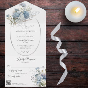 Blue Bohemian Flowers on White QR Code All In One Invitation
