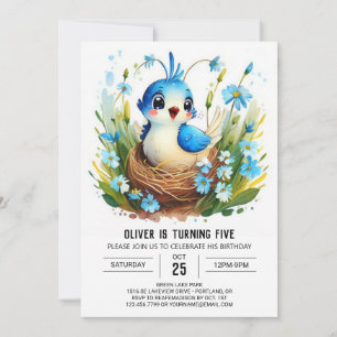 Blue Bohemian Whimsical Bird Birthday Invitation