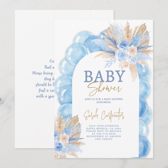 Blue Boho Arch Baby Shower Boy Invitation (Front/Back)