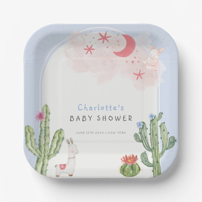 Blue Boho Arch  Cactus Toys Boy Baby Shower  Paper Plate (Front)