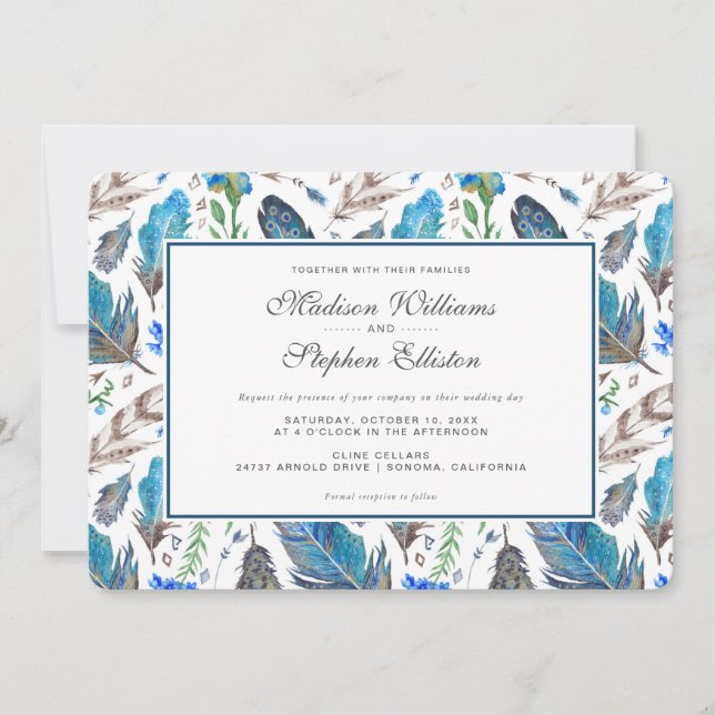 Blue Boho Aztec Watercolor - Wedding Invitation (Front)