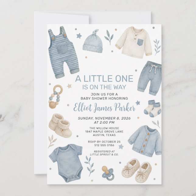 Blue Boho Baby Clothes Boy Shower Invitation (Front)