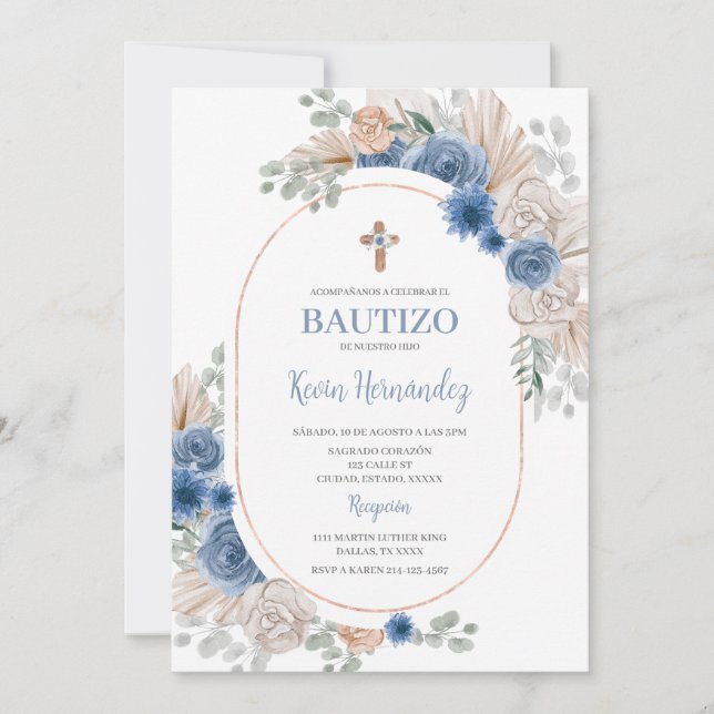 Blue Boho Baptism  Invitation (Front)