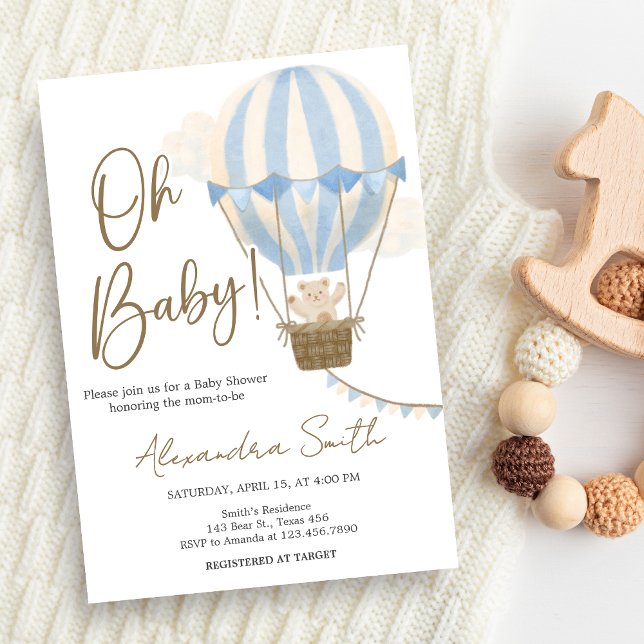Blue Boho Bear Baby Shower  Invitation (Oh Baby Bear Baby Shower Invitation)