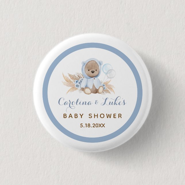 Blue Boho Bear Baby Shower Party Favours Button (Front)