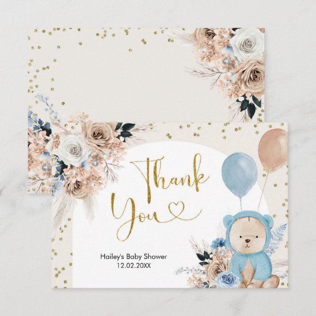 Blue Boho Bear Baby Shower Thank You Card (Front/Back)