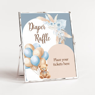 Blue Boho Bear Balloon Baby Shower Diaper Raffle Poster