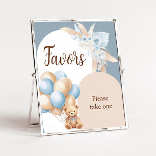 Blue Boho Bear Balloon Baby Shower Favors Poster