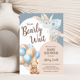 Blue Boho Bear Balloon Baby Shower Invitation