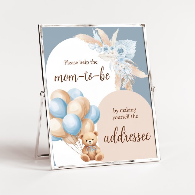 Blue Boho Bear Balloon Envelope Station Poster (Boy Bear Arch Balloon Baby Shower Envelope Station Sign)