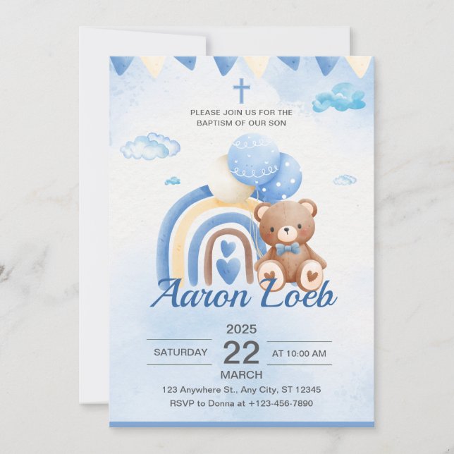Blue Boho Bear Balloon Safari Baptism Invitation (Front)