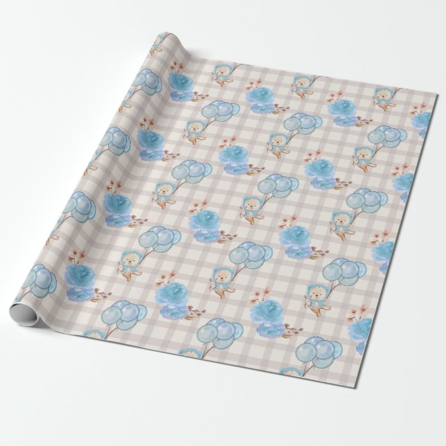 Blue Boho Bear Balloons Gingham Floral Wrapping Paper (Unrolled)