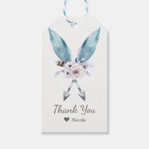 Blue Boho Bohemian Arrows Feather Floral Party Gift Tags