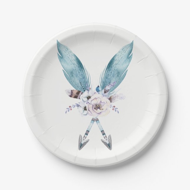 Blue Boho Bohemian Arrows Feather Floral Party Paper Plate (Front)