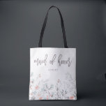 Blue Boho Botanical Wedding | Maid of Honour Tote Bag<br><div class="desc">This simple and stylish tote bag features sweet watercolor boho pink and blue flowers and leaves,  and modern typography that says "maid of honour."</div>