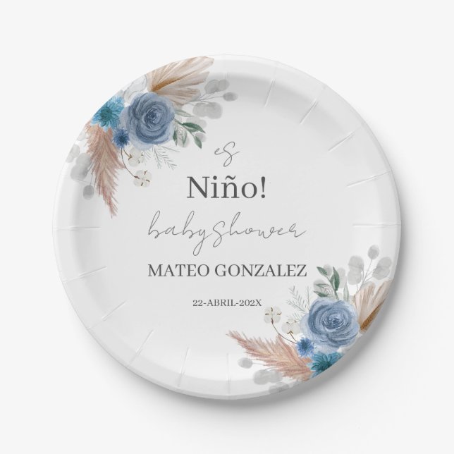 Blue boho boy baby shower paper plates (Front)