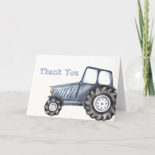 Blue Boho Boy Watercolor Tractor Baby Shower Thank You Card