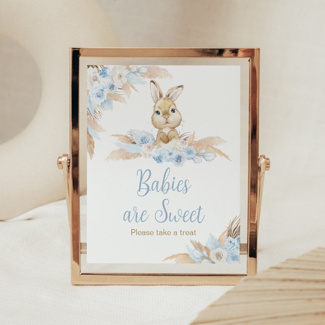 Blue Boho Bunny Baby Shower Babies are Sweet Poster (Pampas Grass Boy Bunny Baby Shower Babies are Sweet Sign)