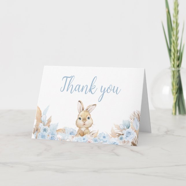 Blue Boho Bunny Baby Shower  Thank You Card (Front)