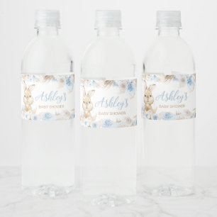 Blue Boho Bunny Baby Shower Water Bottle Label
