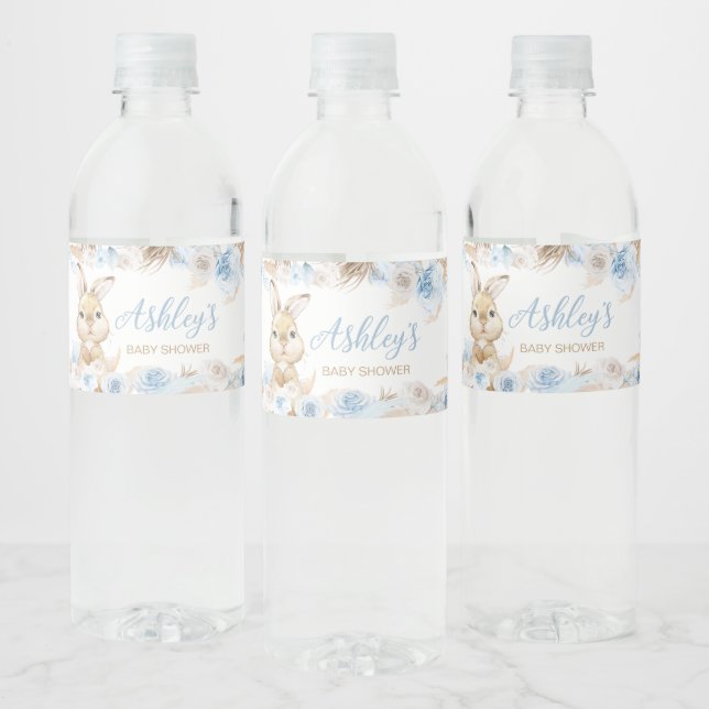 Blue Boho Bunny Baby Shower  Water Bottle Label (Bottles)