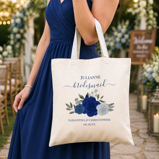 Blue Boho Chic Roses Bridesmaid Wedding Favour Tote Bag (AI-generated models used in mockup imagery.)