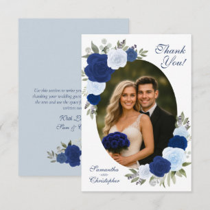 Blue Boho Chic Watercolor Roses Oval Photo Wedding Thank You Card
