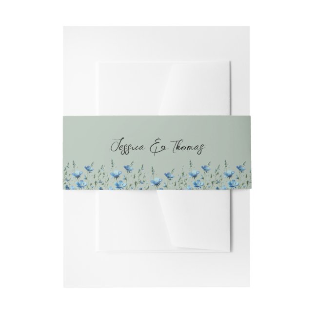 Blue Boho Chic Wildflowers Sage Green Wedding Invitation Belly Band (Front Example)