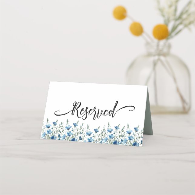 Blue Boho Chic Wildflowers Simple Wedding Reserved Place Card (Front)