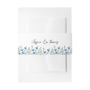 Blue Boho Chic Wildflowers White Wedding Invitation Belly Band