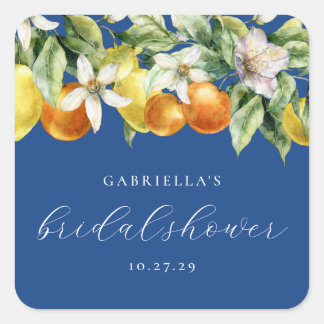 Blue Boho Citrus Lemon Orange Bridal Shower Square Sticker