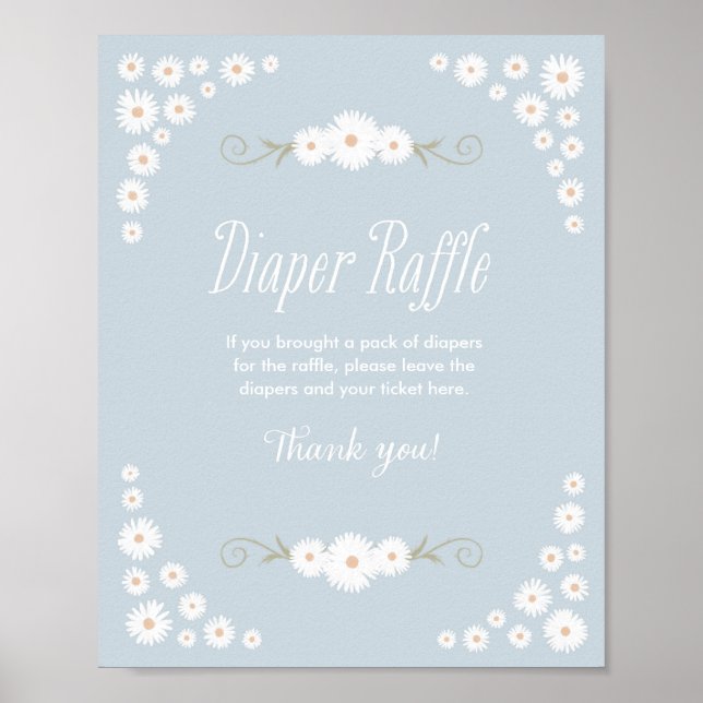 Blue Boho Daisy Baby Shower Diaper Raffle Sign (Front)