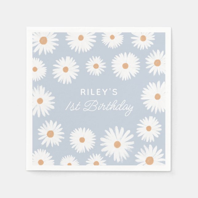 Blue Boho Daisy Birthday Party Napkin (Front)